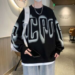 Men's Black and Gray Graphic Crewneck Sweater